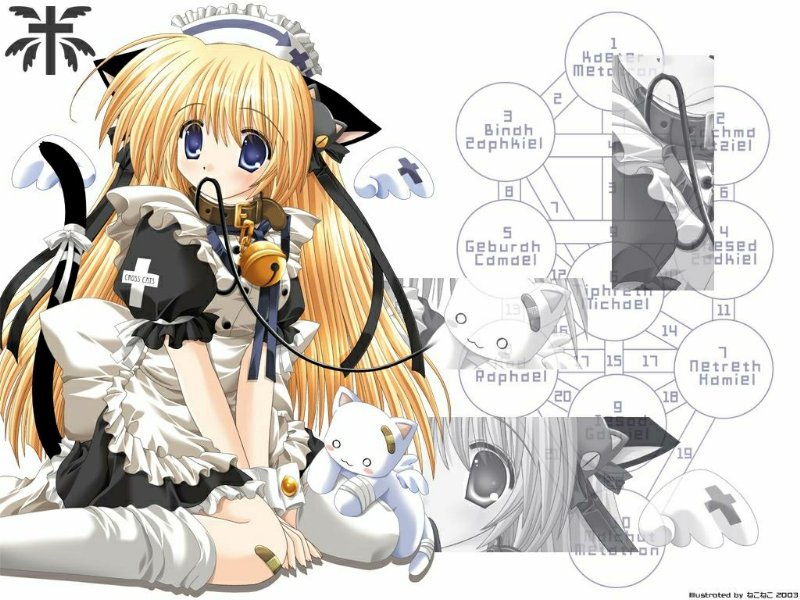 nekoneko, animal ears, bell, blonde hair, blue eyes, cat ears, collar, long hair, maid, mouth hold, neck bell, solo
