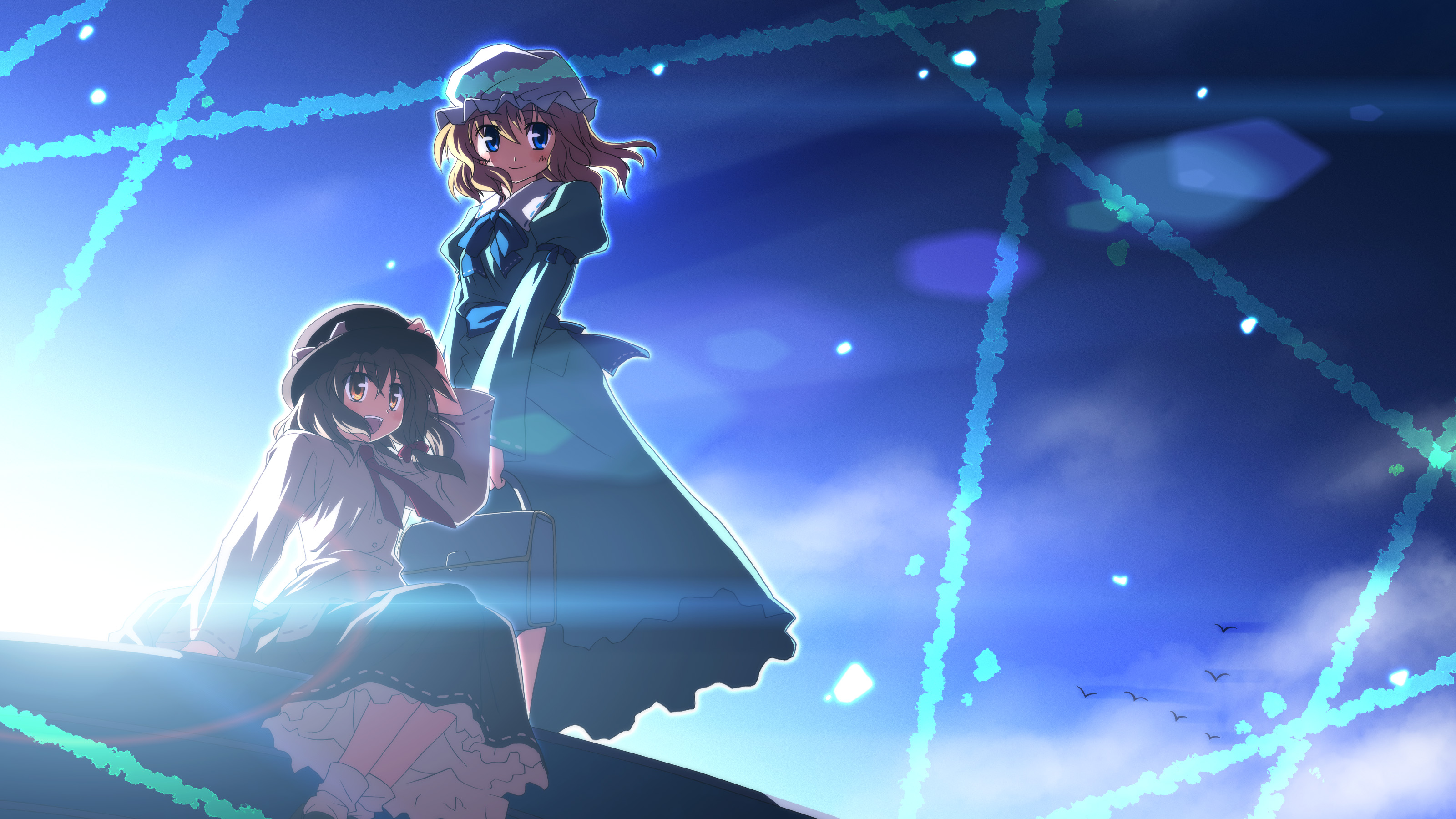 yuuki tatsuya, maribel hearn, usami renko, touhou, absurdres, highres, 2girls, arm support, backlighting, blonde hair, blue eyes, briefcase, brown hair, carrying, dress, dress shirt, female focus, gradient background, hand on headwear, hat, letterboxed, long skirt, multiple girls, necktie, orange eyes, outdoors, shirt, short hair, sitting, skirt, sky, smile, standing, wind