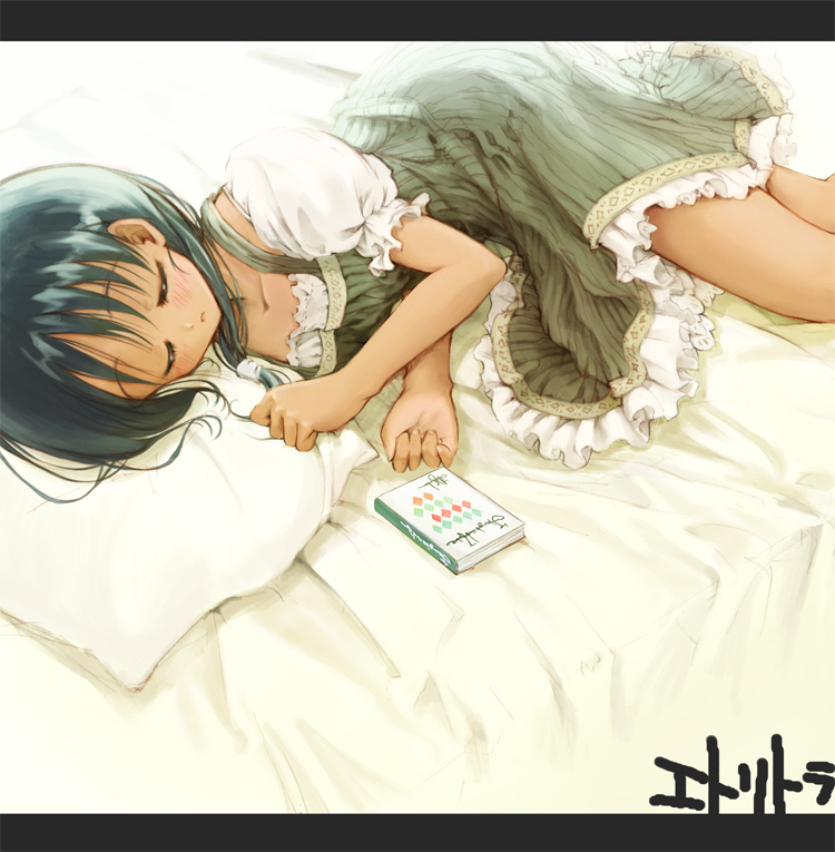 mimukamu, original, 1girl, bare legs, bed, bed sheet, black hair, breasts, cleavage, collarbone, dress, female focus, from above, green dress, letterboxed, lying, on bed, on side, puffy short sleeves, puffy sleeves, short hair, short sleeves, sleeping, solo