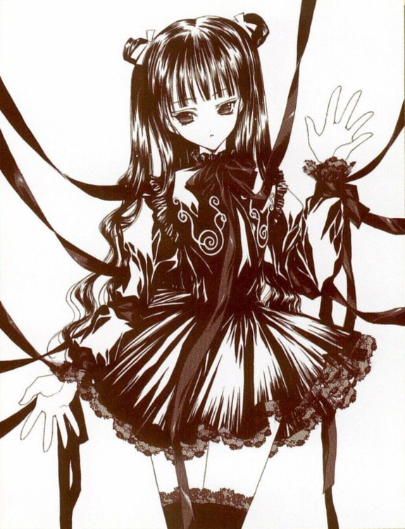 nanase aoi, angel dust, kudoh akiho, kudou akiho, angel/dust, angel flavor, 1girl, black theme, comic, female focus, frills, gothic lolita, lolita fashion, long hair, monochrome, red theme, ribbon, skirt, solo, thighhighs, zettai ryouiki