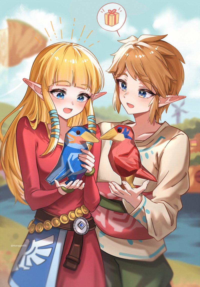 link, princess zelda, nintendo, the legend of zelda, the legend of zelda: skyward sword, commentary, symbol-only commentary, 1boy, 1girl, animal, belt, bird, blonde hair, blue bird, blue eyes, blunt bangs, brown belt, brown tunic, cowboy shot, dress, green pants, holding, holding animal, holding bird, long hair, long sleeves, manggwi55, open mouth, pants, pointy ears, red bird, red dress, red sash, sash, short hair, sidelocks, smile, spoken gift, tunic