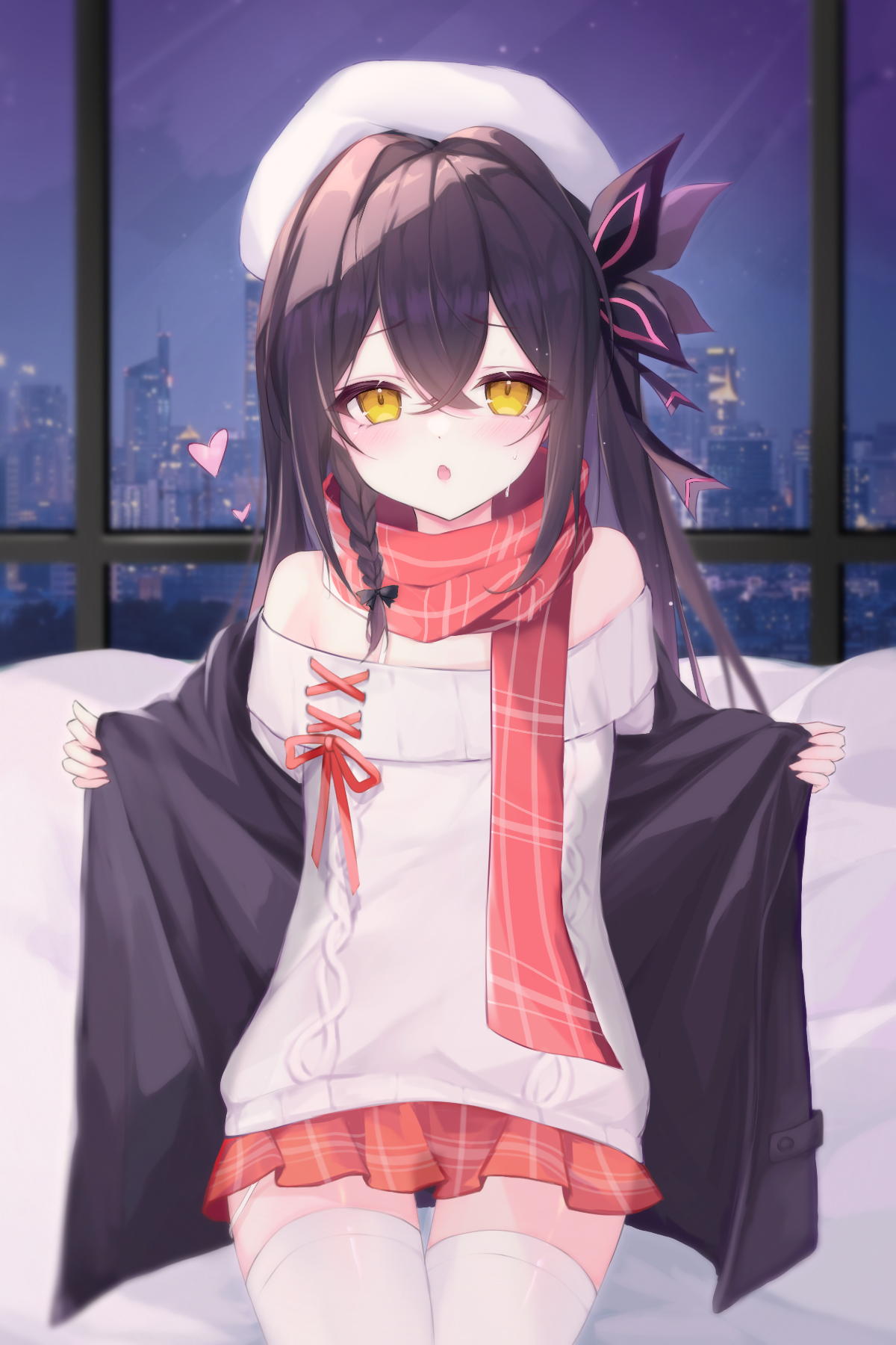 geopelia, phigros, highres, 1girl, :o, bare shoulders, bed, beret, black bow, black hair, black jacket, blurry, blurry background, blush, bow, braid, building, butterfly hair ornament, cityscape, cross-laced sweater, hair between eyes, hair bow, hair ornament, hat, heart, jacket, long hair, night, off-shoulder sweater, off shoulder, on bed, open clothes, open jacket, plaid clothes, plaid scarf, plaid skirt, pleated skirt, red scarf, red skirt, scarf, sitting, skirt, solo, sweat, sweater, thighhighs, white hat, white thighhighs, window, xiao rin, yellow eyes