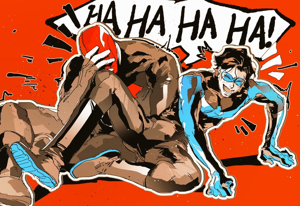 guoba7777, dick grayson, jason todd, nightwing, red hood (dc), batman (series), dc comics, bat signal, batman symbol, black bodysuit, black gloves, black hair, bodysuit, brothers, gloves, grey bodysuit, male focus, mask, multiple boys, muscular, muscular male, pants, red hood and the outlaws, red mask, short hair, siblings, superhero costume, taut bodysuit, two-tone bodysuit