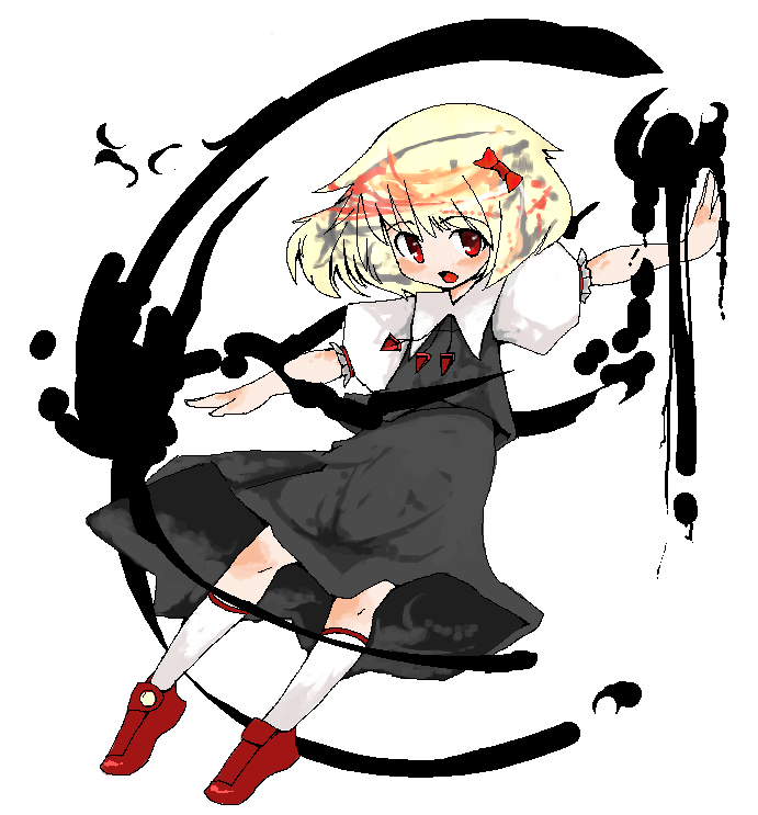hyara, rumia, embodiment of scarlet devil, touhou, 1girl, blonde hair, darkness, female focus, hair ribbon, oekaki, outstretched arms, red eyes, ribbon, short hair, solo, spread arms