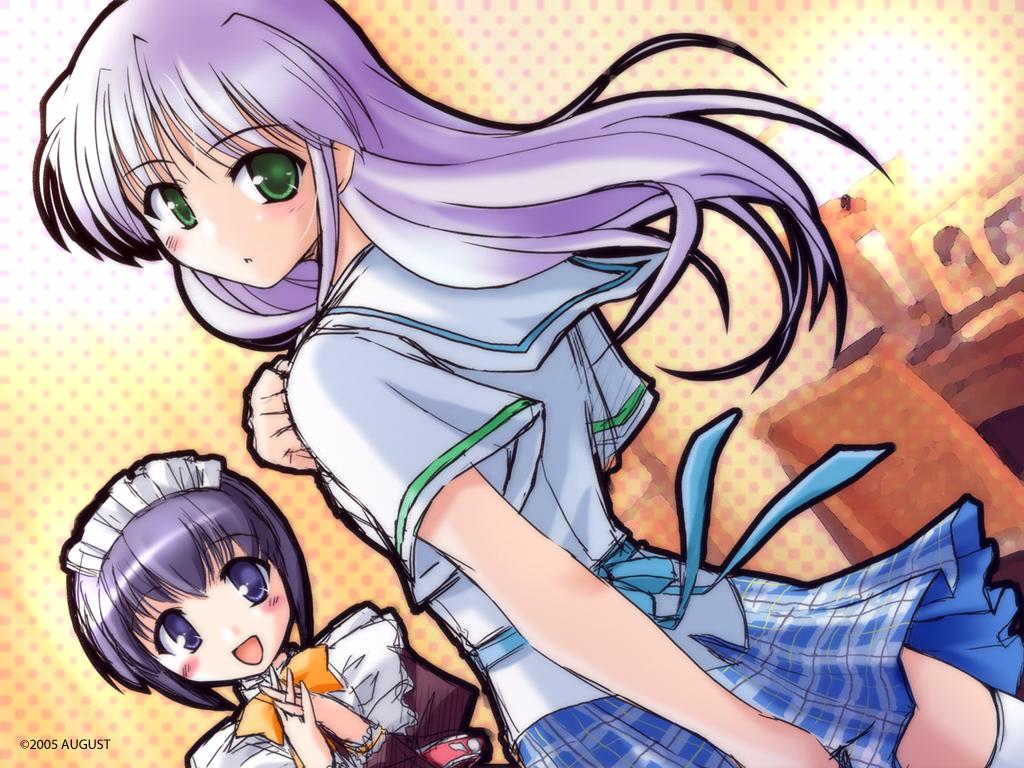 bekkankou, clementis mia, feena fam earthlight, mia clementis, yoake mae yori ruri iro na, light purple hair, plaid, 2girls, blush, dutch angle, from behind, green eyes, long hair, looking back, maid, multiple girls, own hands clasped, own hands together, purple eyes, purple hair, school uniform, serafuku, short hair, skirt, thighhighs