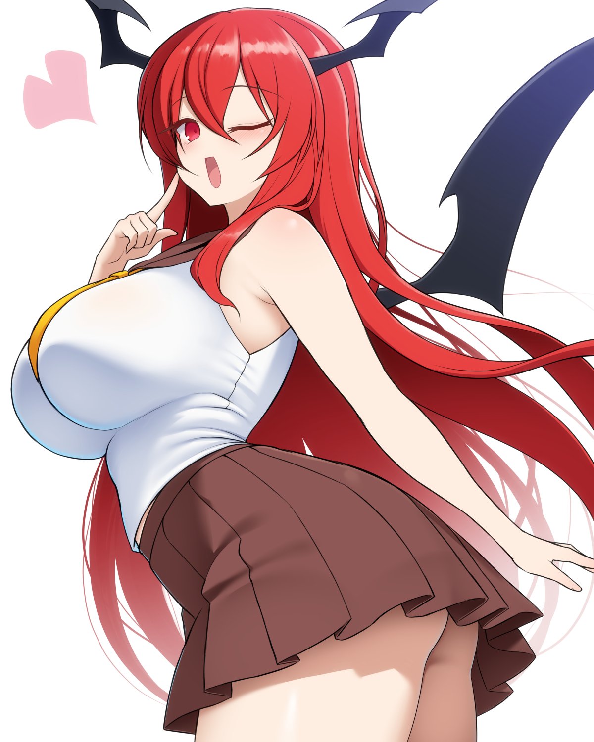 kuresento, koakuma, touhou, commentary request, highres, 1girl, ;d, arm at side, bare arms, bare shoulders, bat wings, blush, breasts, brown skirt, cowboy shot, demon girl, demon wings, floating hair, hair between eyes, hand up, head wings, heart, huge breasts, index finger raised, legs together, long hair, looking at viewer, miniskirt, necktie, no panties, one eye closed, open mouth, pleated skirt, pointing, pointing at self, red eyes, red hair, shirt, sidelocks, simple background, skirt, sleeveless, sleeveless shirt, smile, solo, standing, thighs, very long hair, white background, white shirt, wings, yellow necktie