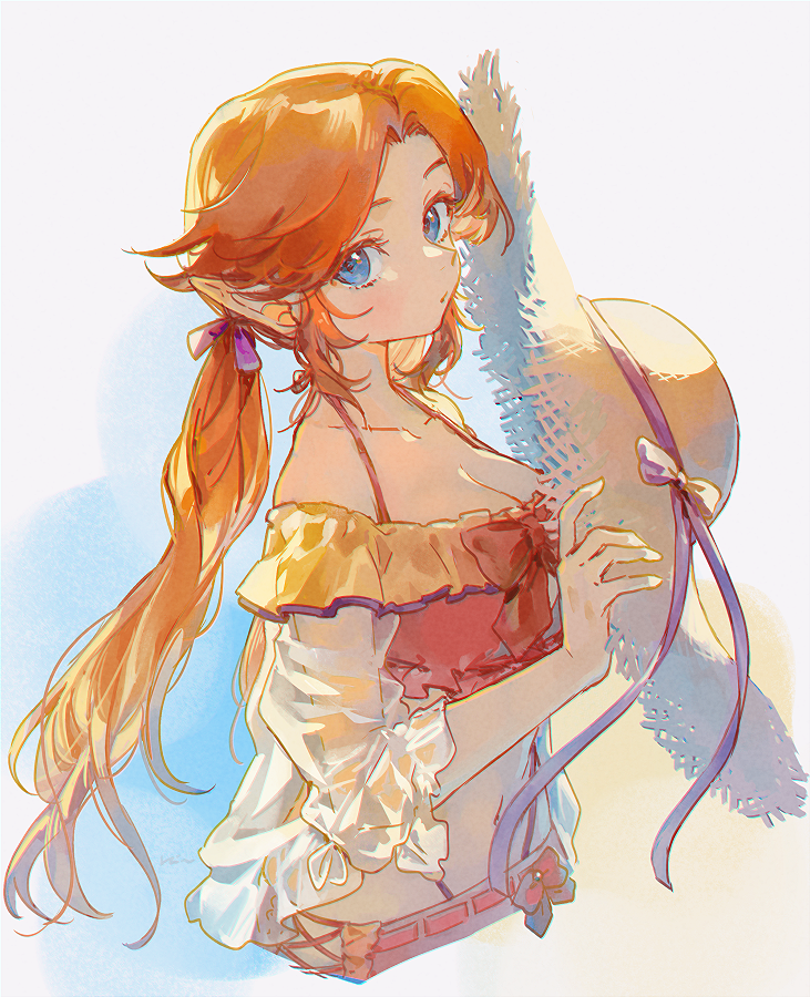 rain rkgk, malon, nintendo, the legend of zelda, the legend of zelda: ocarina of time, making-of available, bikini, blue eyes, breasts, cleavage, cropped torso, hat, hat ribbon, holding, holding unworn clothes, holding unworn hat, long hair, looking at viewer, navel, orange hair, pointy ears, ponytail, purple ribbon, red bikini, ribbon, sun hat, swimsuit, unworn hat, unworn headwear