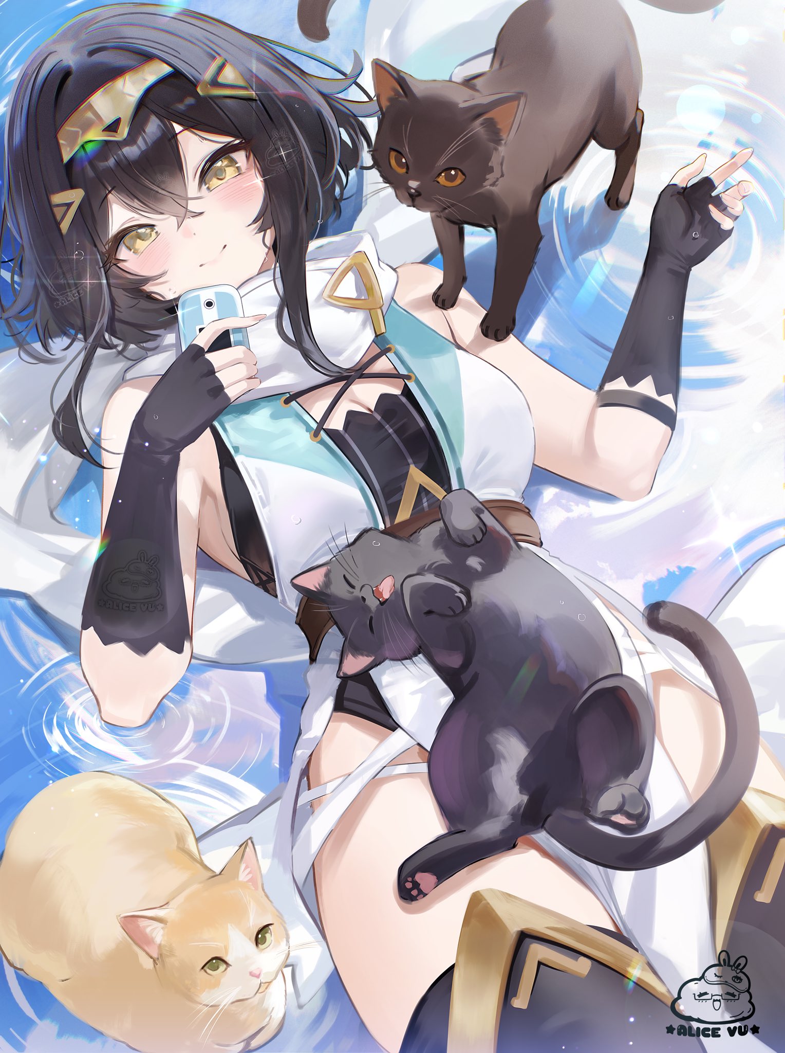 alice vu, amber (stella sora), stella sora, commentary, highres, symbol-only commentary, 1girl, bare shoulders, black cat, black gloves, black leotard, black thighhighs, blush, breasts, brown cat, cat, cleavage, closed mouth, crossed bangs, elbow gloves, gloves, green eyes, hair between eyes, hand up, holding, holding phone, leotard, looking at viewer, medium breasts, nose blush, pelvic curtain, phone, short hair, smile, sparkle, sparkling aura, thighhighs, thighs