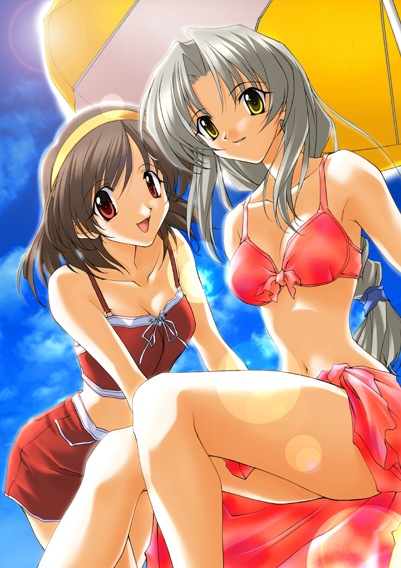 futami shion, imasaka yue, memories off, silver hair, 2girls, bikini, braid, brown hair, day, lens flare, long hair, multiple girls, red eyes, short hair, sitting, swimsuit, yellow eyes