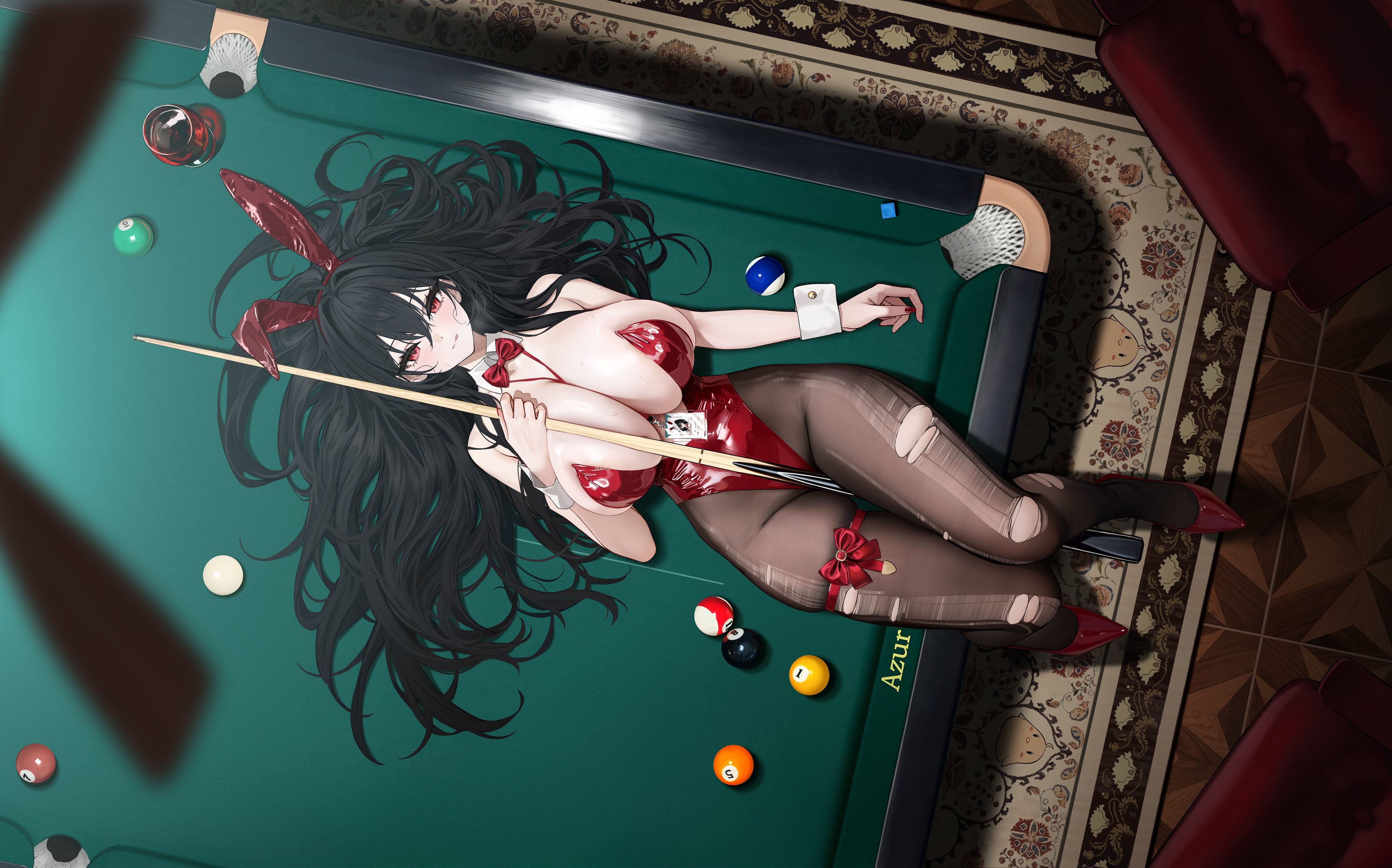 yunsang, taihou (azur lane), taihou (fun on the baize) (azur lane), azur lane, absurdres, commentary, highres, 1girl, :q, ahoge, alcohol, animal ear hairband, animal ears, ball, bare shoulders, between breasts, between thighs, billiard ball, billiards, black hair, bow, bowtie, breasts, cleavage, collar, covered navel, crossed bangs, cue stick, cup, detached collar, fake animal ears, from above, hair between eyes, hair spread out, hairband, high heels, highleg, highleg leotard, holding cue stick, huge breasts, id card, lanyard, leotard, long hair, looking at viewer, lying, nail polish, official alternate costume, on back, on table, pantyhose, playboy bunny, pool table, rabbit ear hairband, rabbit ears, red bow, red bowtie, red eyes, red leotard, red nails, red shoes, red wine, shoes, skindentation, smile, solo, strapless, strapless leotard, table, thick thighs, thigh bow, thigh gap, thighs, tongue, tongue out, torn clothes, torn pantyhose, very long hair, white collar, white wrist cuffs, wine, wrist cuffs