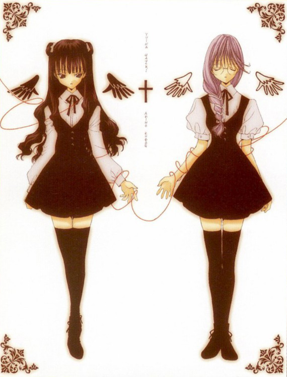 nanase aoi, angel dust, hatori yuina, kudoh akiho, kudou akiho, angel/dust, angel flavor, artbook, bow, braid, closed eyes, comic, glasses, school uniform, serafuku, thighhighs, yarn, zettai ryouiki
