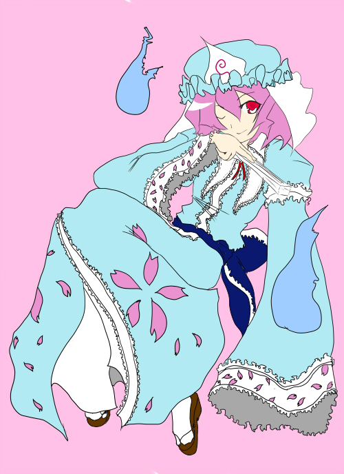 saigyouji yuyuko, touhou, 1girl, female focus, flat color, folded fan, folding fan, hand fan, hat, hitodama, holding, holding fan, long sleeves, okobo, one eye closed, pastels, pink hair, platform sandals, red eyes, sandals, simple background, smile, solo, wink