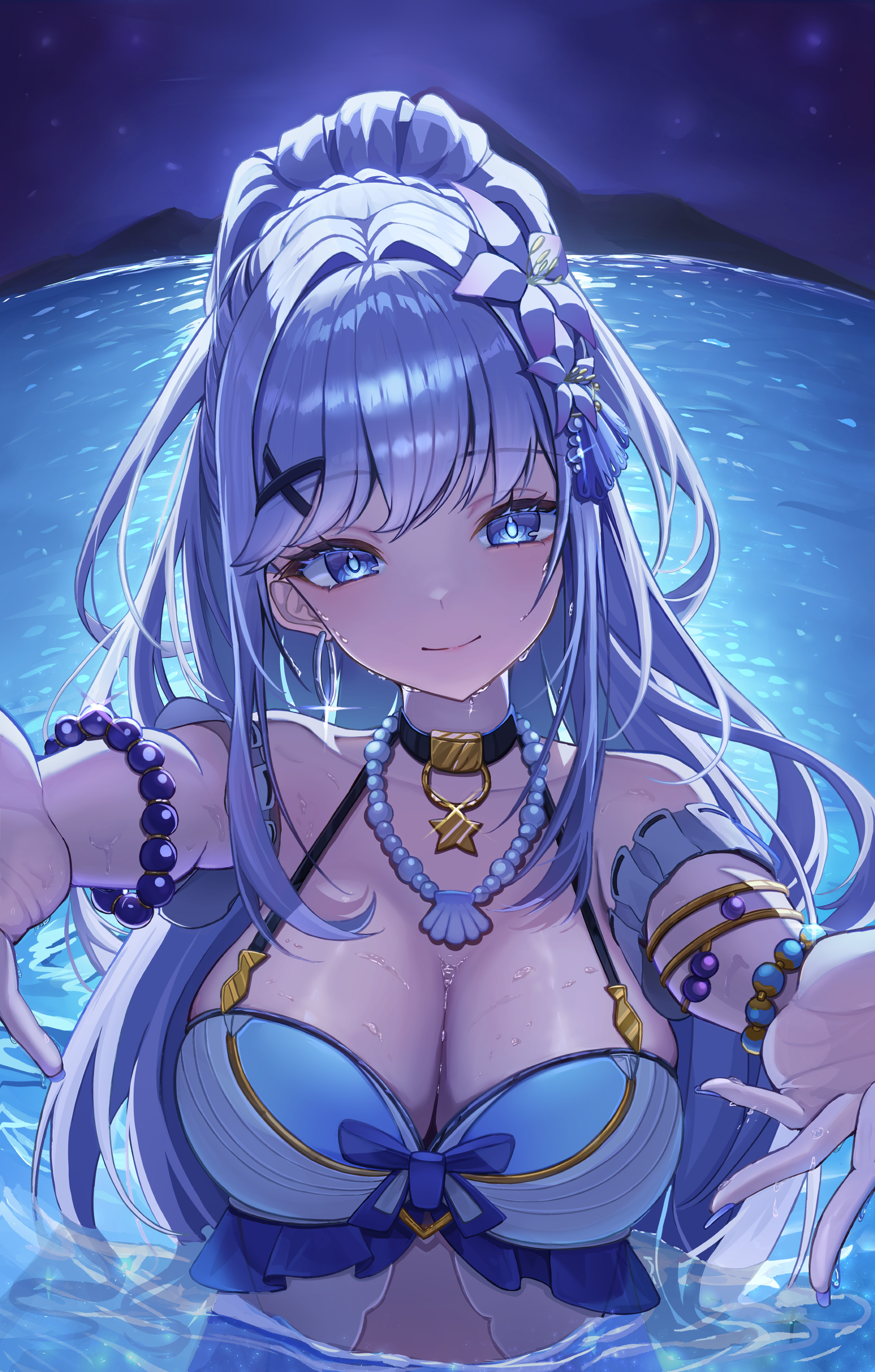 whoing x2, adina savic, black survival, eternal return: black survival, absurdres, commentary, english commentary, highres, 1girl, armband, bare shoulders, bikini, black choker, blue eyes, bow, bow bikini, bracelet, breasts, choker, cleavage, closed mouth, collarbone, earrings, flower, frilled bikini, frills, glint, gold trim, grey hair, hair flower, hair intakes, hair ornament, halterneck, head tilt, hoop earrings, jewelry, large breasts, long hair, looking at viewer, mountainous horizon, multicolored bikini, necklace, ocean, official alternate costume, outdoors, outstretched arms, partially submerged, pearl necklace, shell, shell necklace, sidelocks, smile, solo, star (symbol), star choker, swimsuit, very long hair, water, wet, x hair ornament