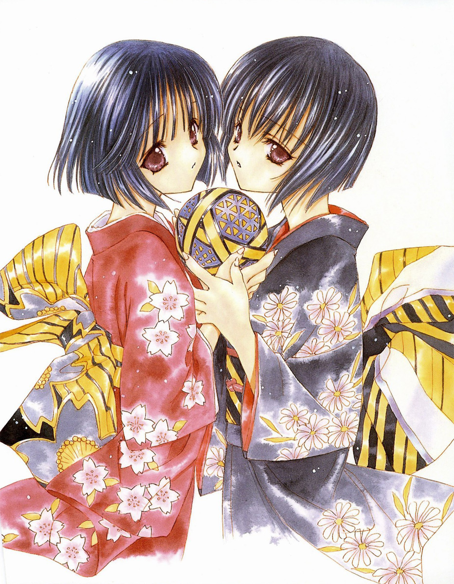 nanase aoi, murasame sakura, murasame shion, angel flavor, seraphim call, artbook, highres, 1990s (style), 2girls, bow, japanese clothes, kimono, multiple girls, retro artstyle, siblings, sisters, twins, white background