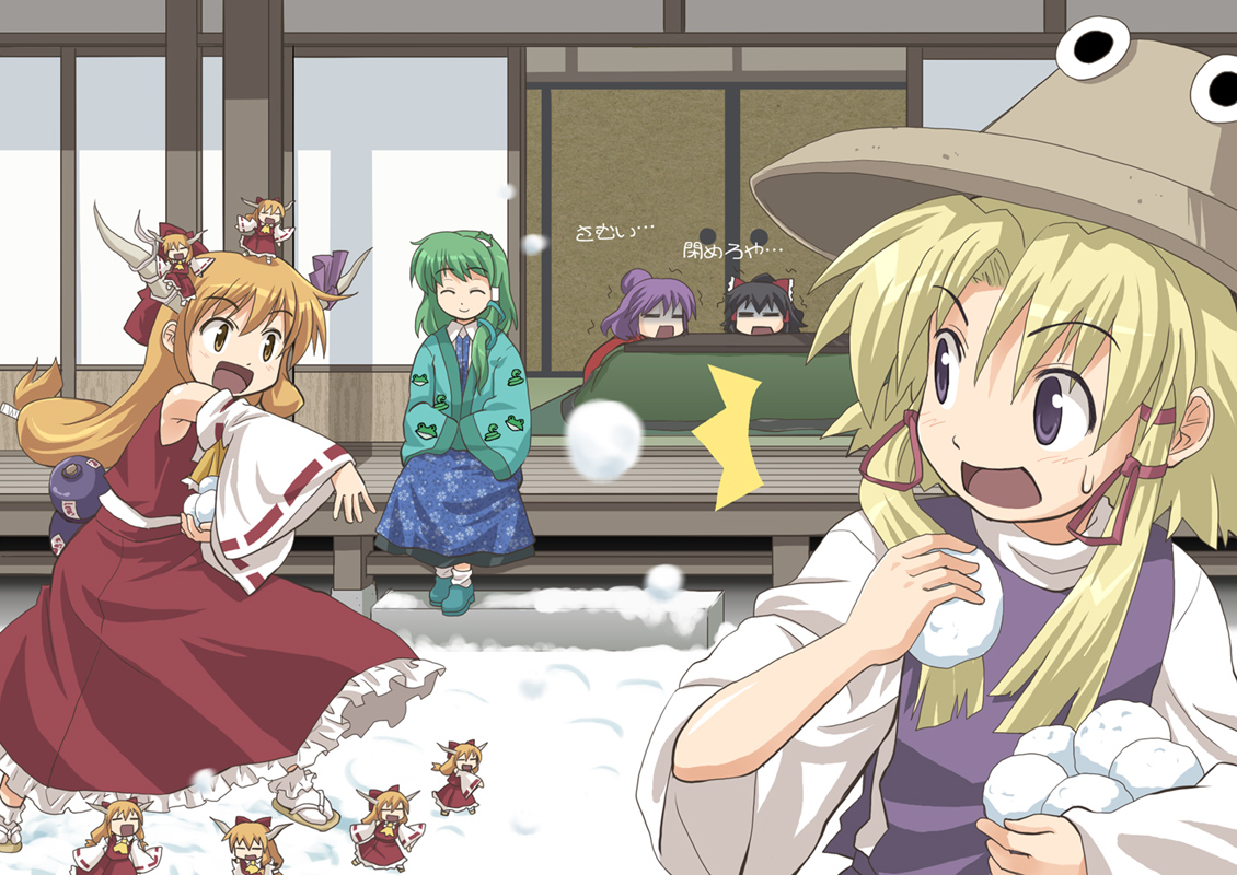 haniwa, haniwa (leaf garden), hakurei reimu, ibuki suika, kochiya sanae, moriya suwako, yasaka kanako, perfect cherry blossom, touhou, translated, 6+girls, ^^^, clone, cosplay, female focus, hakurei reimu (cosplay), hat, japanese clothes, kotatsu, miko, mini person, minigirl, multiple girls, sliding doors, snow, snowball, snowball fight, table