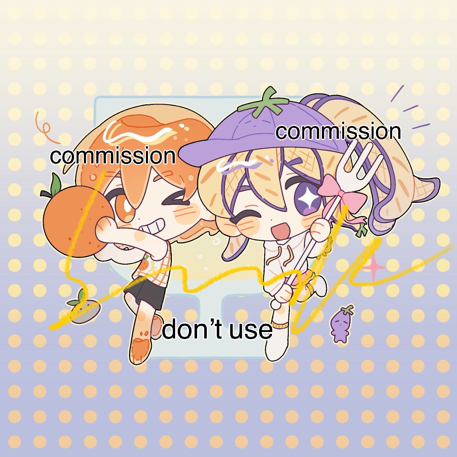 hrsw mz, aubrey (headspace) (omori), aubrey (omori), hector (omori), kel (headspace) (omori), kel (omori), mr. plantegg (omori), omori, chinese commentary, commentary request, commission, highres, > o, + +, 1boy, 1girl, ;d, adapted costume, alternate costume, alternate hair color, alternate hairstyle, bare arms, bare shoulders, barefoot, baseball cap, black shorts, blonde hair, bow, bright pupils, chibi, chibi only, dot nose, drawstring, food, food-themed hair, fruit, full body, gradient background, grey background, grin, hat, high ponytail, holding, holding orange, hood, hood down, hoodie, kneehighs, long sleeves, miniskirt, multicolored hair, no shoes, notice lines, one eye closed, open mouth, orange (fruit), orange eyes, orange hair, outline, oversized fork, pale skin, pink bow, pink skirt, pleated skirt, polka dot, polka dot background, ponytail, puffy long sleeves, puffy sleeves, purple eyes, purple hair, purple hat, shirt, short hair, shorts, simple background, skirt, sleeveless, sleeveless shirt, smile, socks, sparkle, standing, standing on one leg, two-tone background, two-tone hair, watermark, white hoodie, white pupils, white shirt, white socks, yellow background, yellow outline