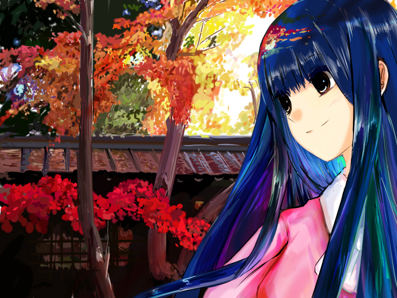 e.x.on, houraisan kaguya, touhou, wall, 1girl, autumn, autumn leaves, blue hair, blunt bangs, brown eyes, collar, female focus, leaf, outdoors, plant, smile, solo, tree, upper body