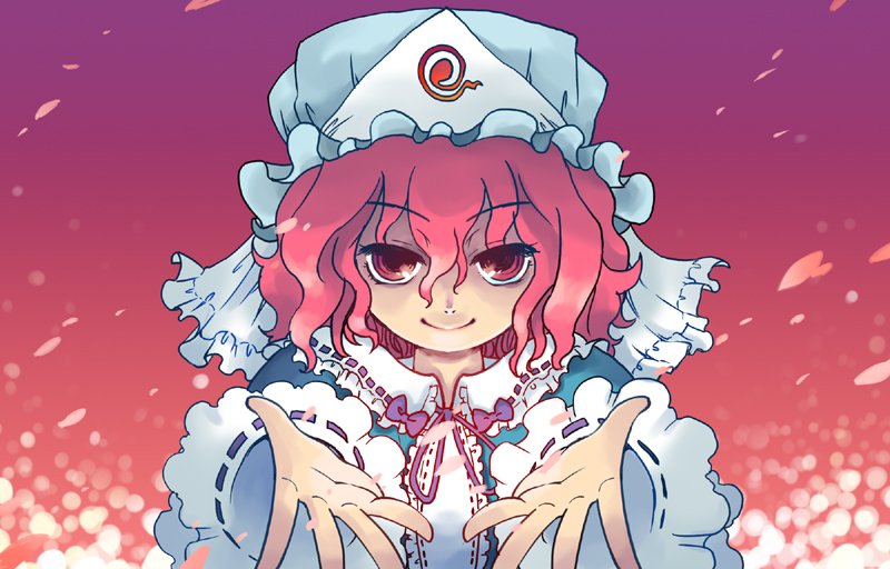 dangan, saigyouji yuyuko, touhou, 1girl, bow, female focus, hat, pink eyes, pink hair, reaching, smile, solo, upper body