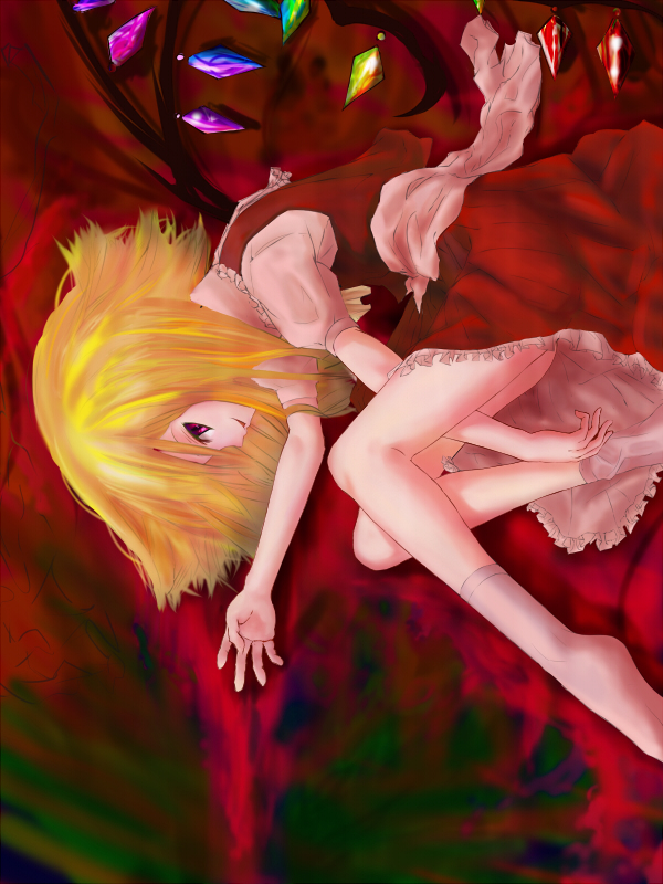 e.x.on, flandre scarlet, touhou, 1girl, female focus, fetal position, from side, plantar flexion, socks, solo, white socks, wings
