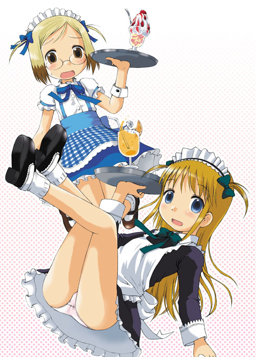 velfro, ana coppola, sakuragi matsuri, ichigo mashimaro, 2girls, ass, female focus, multiple girls, panties, pantyshot, sitting, standing, underwear, waitress