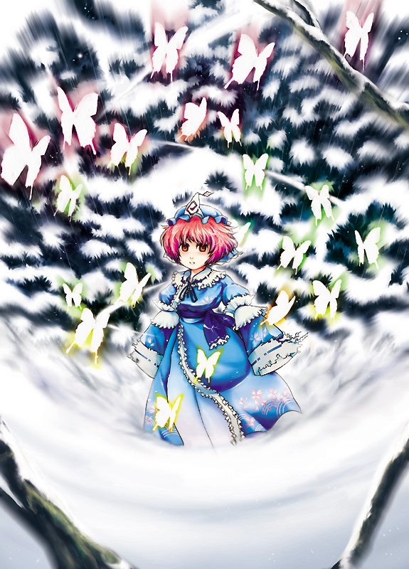 sato (hekiga ni nemuru), saigyouji yuyuko, touhou, 1girl, animal, arm garter, bug, butterfly, closed mouth, expressionless, female focus, frills, hat, looking at viewer, mob cap, petals, ribbon-trimmed collar, ribbon trim, solo, triangular headpiece