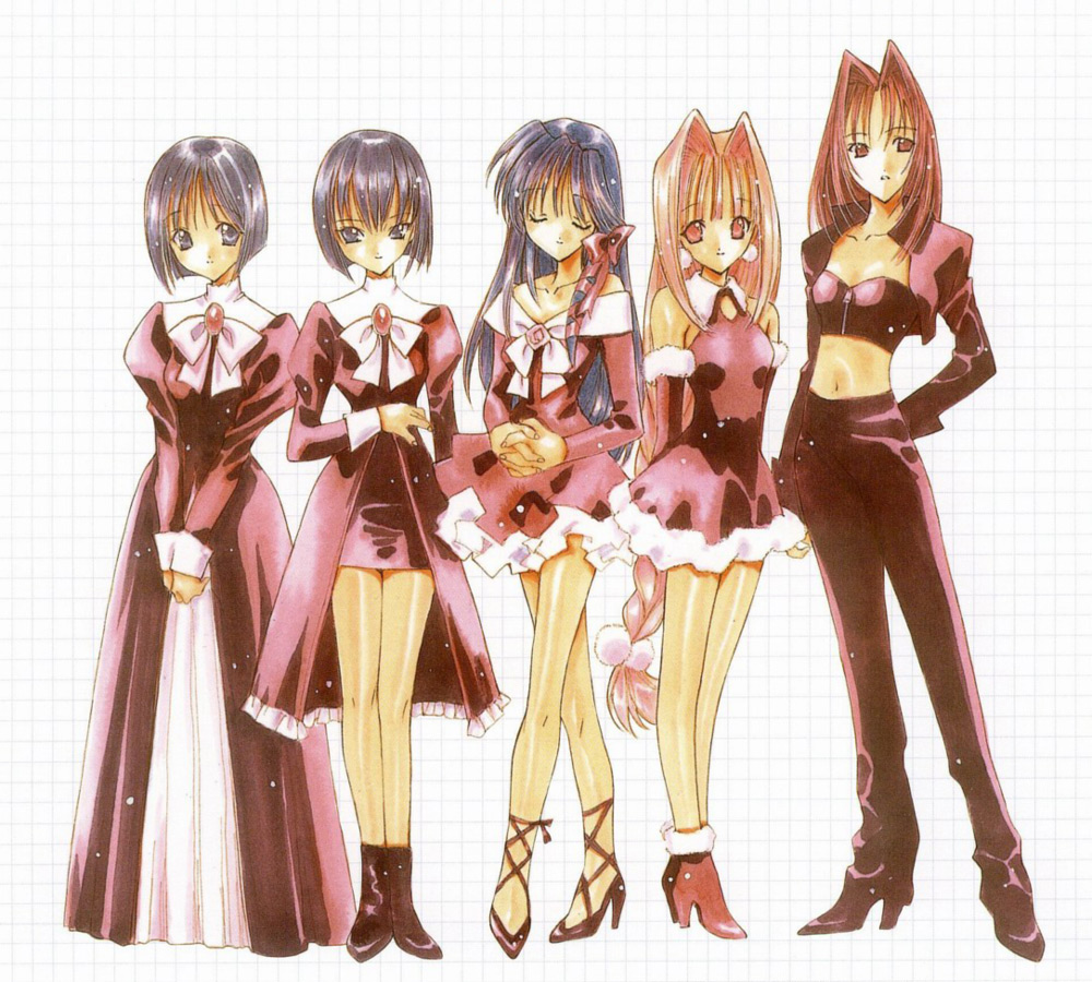nanase aoi, kurenai kasumi, murasame sakura, murasame shion, ouse chinami, tachibana urara, angel flavor, seraphim call, artbook, 1990s (style), 5girls, bow, braid, earrings, gloves, hair bow, jewelry, multiple girls, retro artstyle, siblings, sisters, twins, white background