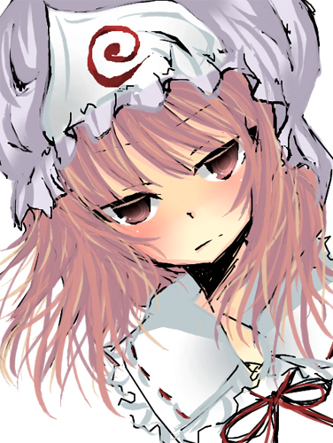 saigyouji yuyuko, touhou, lowres, 1girl, blush, closed mouth, female focus, frills, hat, looking at viewer, mob cap, pink hair, red eyes, red ribbon, ribbon, ribbon-trimmed collar, ribbon trim, short hair, simple background, solo, triangular headpiece, upper body, white background