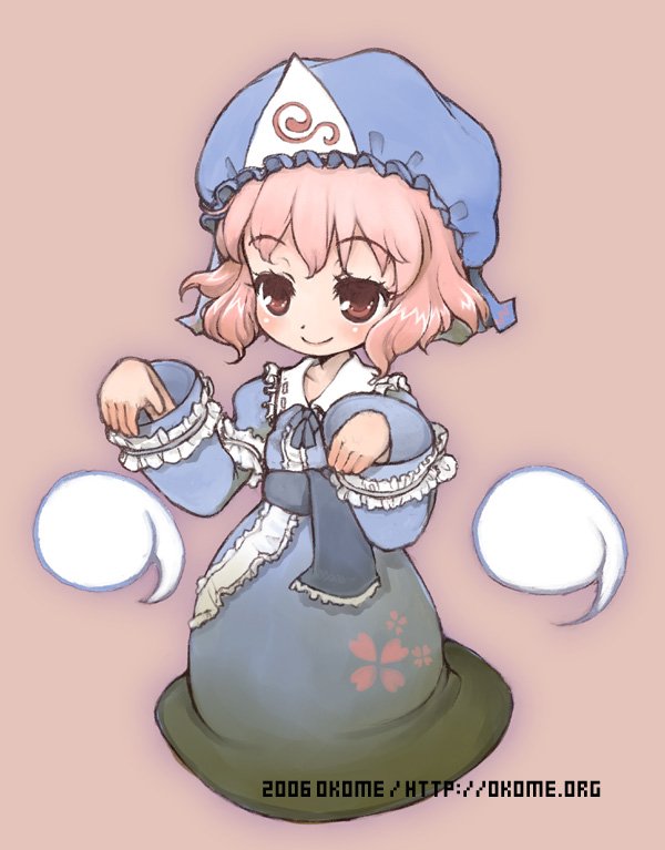 okome (ricecandy), ricecandy, saigyouji yuyuko, touhou, 1girl, female focus, hat, hitodama, solo, watermark, web address