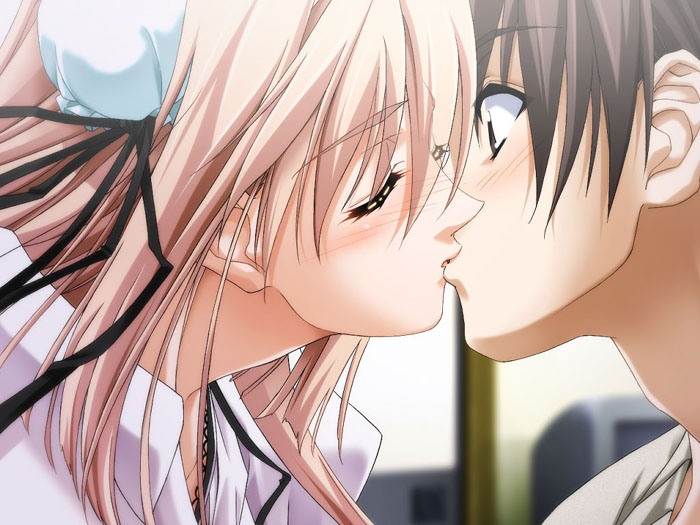 1boy, 1girl, blush, hetero, kiss, long hair, surprised