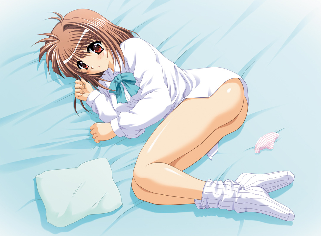 kawai rie, lovers (game), bed, blush, bow, bowtie, dress shirt, no panties, panties, pillow, shirt, socks, solo, underwear, undressing