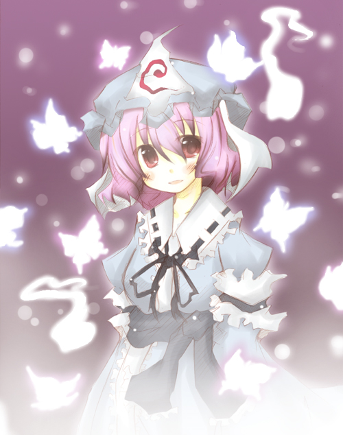 saigyouji yuyuko, touhou, 1girl, bug, butterfly, female focus, hat, solo