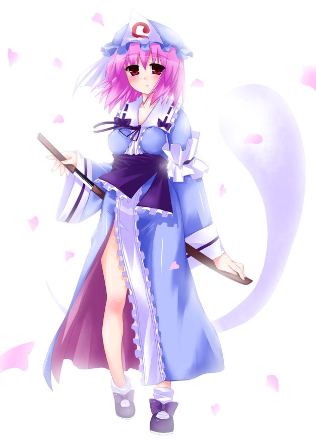 subachi, saigyouji yuyuko, touhou, jpeg artifacts, 1girl, bare legs, bloom, cherry blossoms, female focus, hat, hitodama, katana, petals, pink hair, red eyes, sheath, side slit, solo, sword, unsheathing, weapon