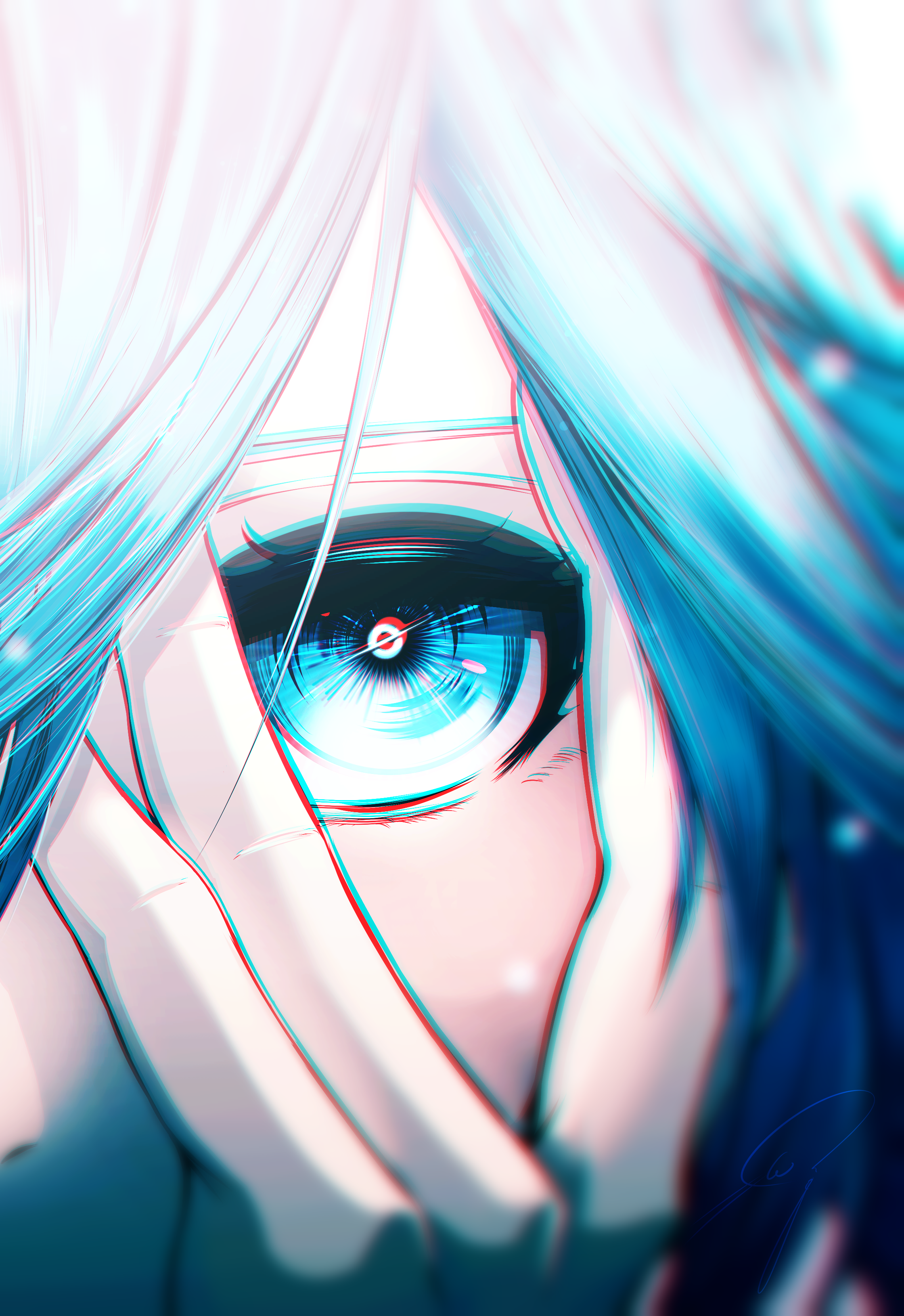 nengoro, hatsune miku, vocaloid, absurdres, commentary request, highres, 1girl, aqua eyes, aqua hair, chromatic aberration, eye focus, hand over eye, long bangs, looking at viewer, signature, solo