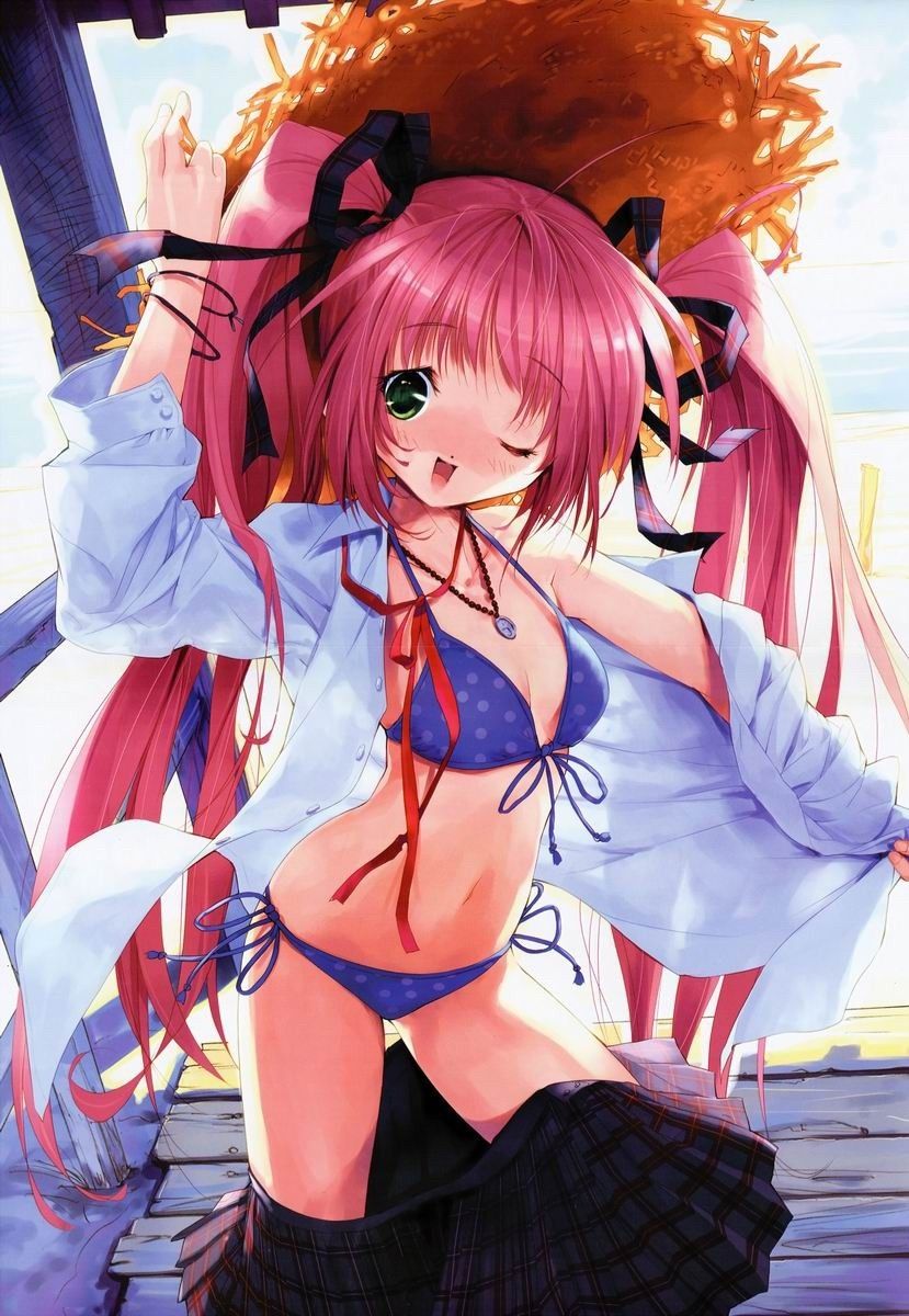ueda ryou, girl's avenue, megami magazine, highres, 1girl, bikini, breasts, cleavage, female focus, front-tie top, jewelry, necklace, one eye closed, polka dot, polka dot bikini, polka dot swimsuit, purple bikini, red hair, ribbon, shirt, side-tie bikini bottom, skirt, solo, swimsuit, twintails, undressing, wink