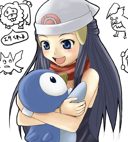 chiko (kanhogo), bidoof, bronzor, crobat, dawn (pokemon), piplup, staraptor, nintendo, pokemon, pokemon dppt, translation request, 00s, 1girl, beanie, black hair, blue eyes, bracelet, gen 2 pokemon, gen 4 pokemon, hat, holding, hug, jewelry, long hair, pokemon (creature), scarf, simple background, smile, white background