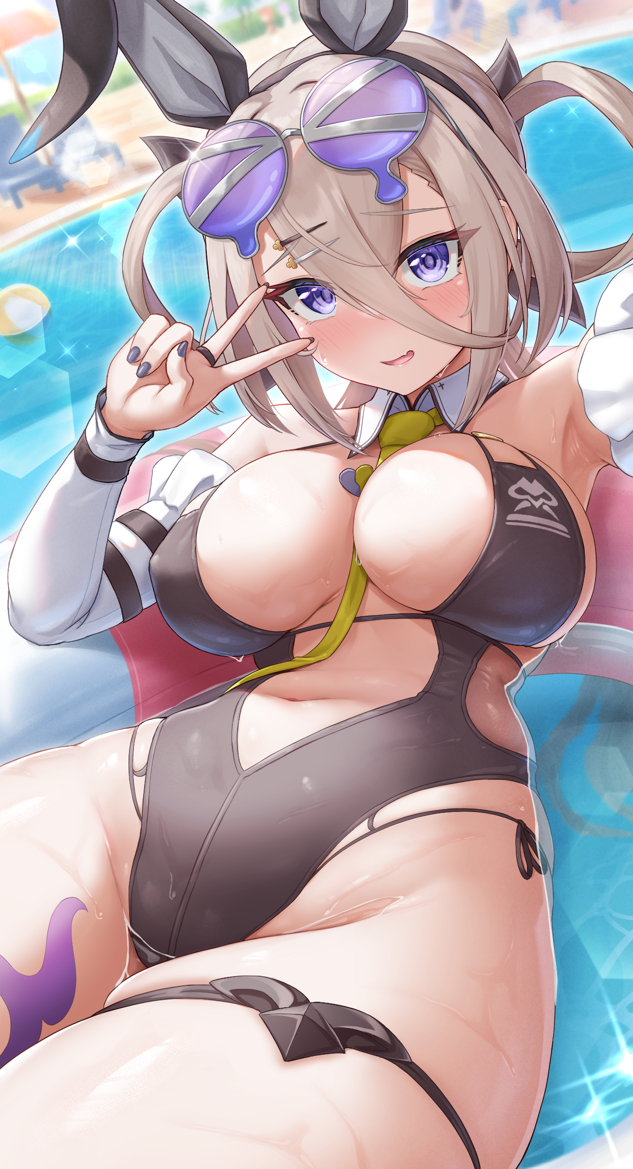 shinonome (shinonome rynn), huyan zhuo (fate), huyan zhuo (swimsuit berserker) (fate), fate/grand order, fate (series), absurdres, highres, 1girl, animal ears, bare shoulders, black one-piece swimsuit, blush, breasts, cleavage, detached collar, detached sleeves, eyewear on head, fake animal ears, grey hair, hair between eyes, hair ornament, hair rings, hairclip, highleg, highleg one-piece swimsuit, large breasts, long hair, looking at viewer, low twintails, navel, necktie, one-piece swimsuit, open mouth, plunging neckline, pool, purple eyes, smile, solo, sunglasses, swimsuit, thigh strap, thighs, twintails, very long hair, water