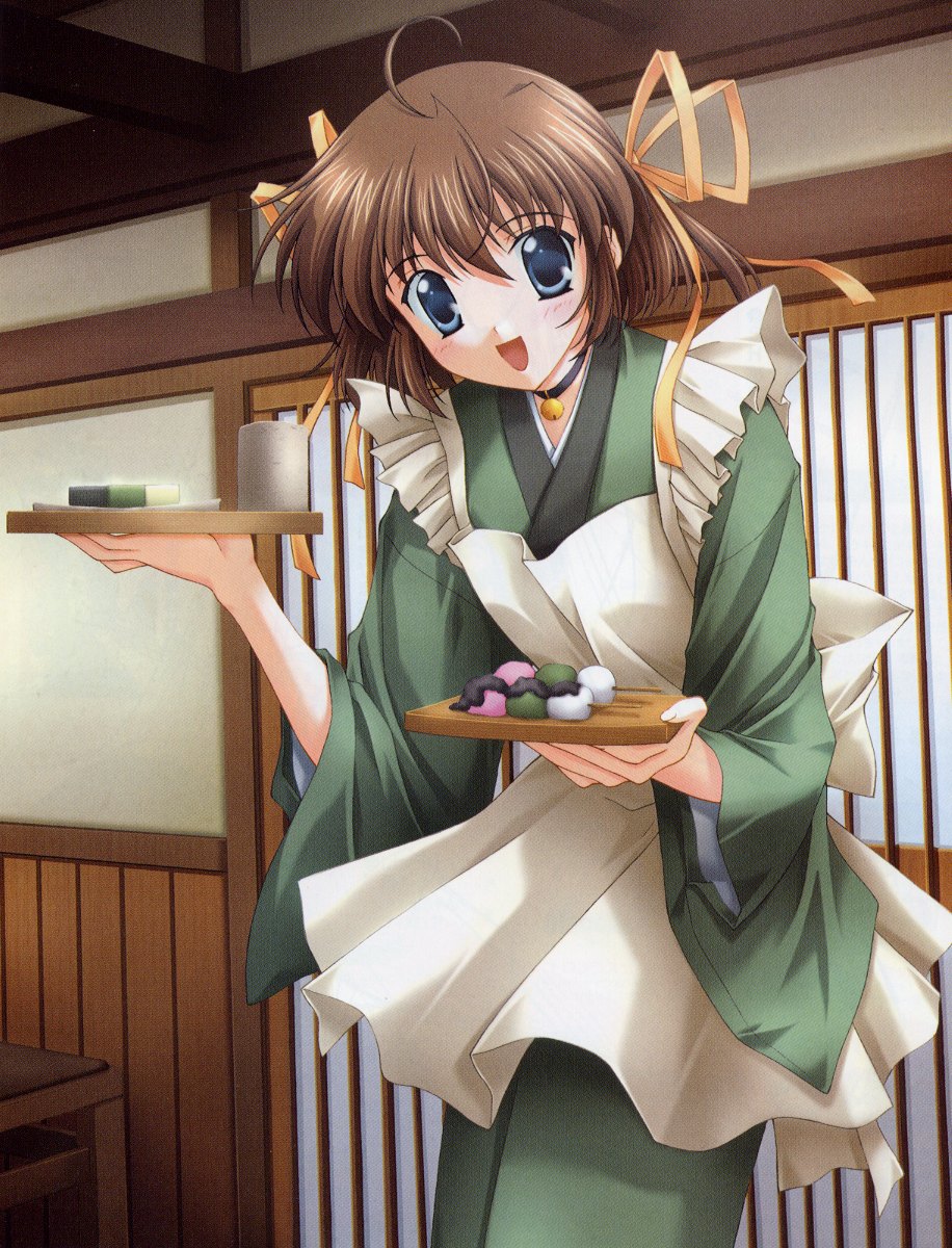 nanao naru, asakura nemu, da capo, da capo i, highres, 00s, 1girl, :d, ahoge, apron, bell, blue eyes, blush, brown hair, choker, cup, dango, female focus, food, hair ribbon, holding, holding tray, indoors, japanese clothes, jingle bell, kimono, leaning forward, looking at viewer, maid, neck bell, open mouth, orange ribbon, ribbon, sanshoku dango, short hair, sliding doors, smile, solo, tray, wa maid, wagashi, waitress