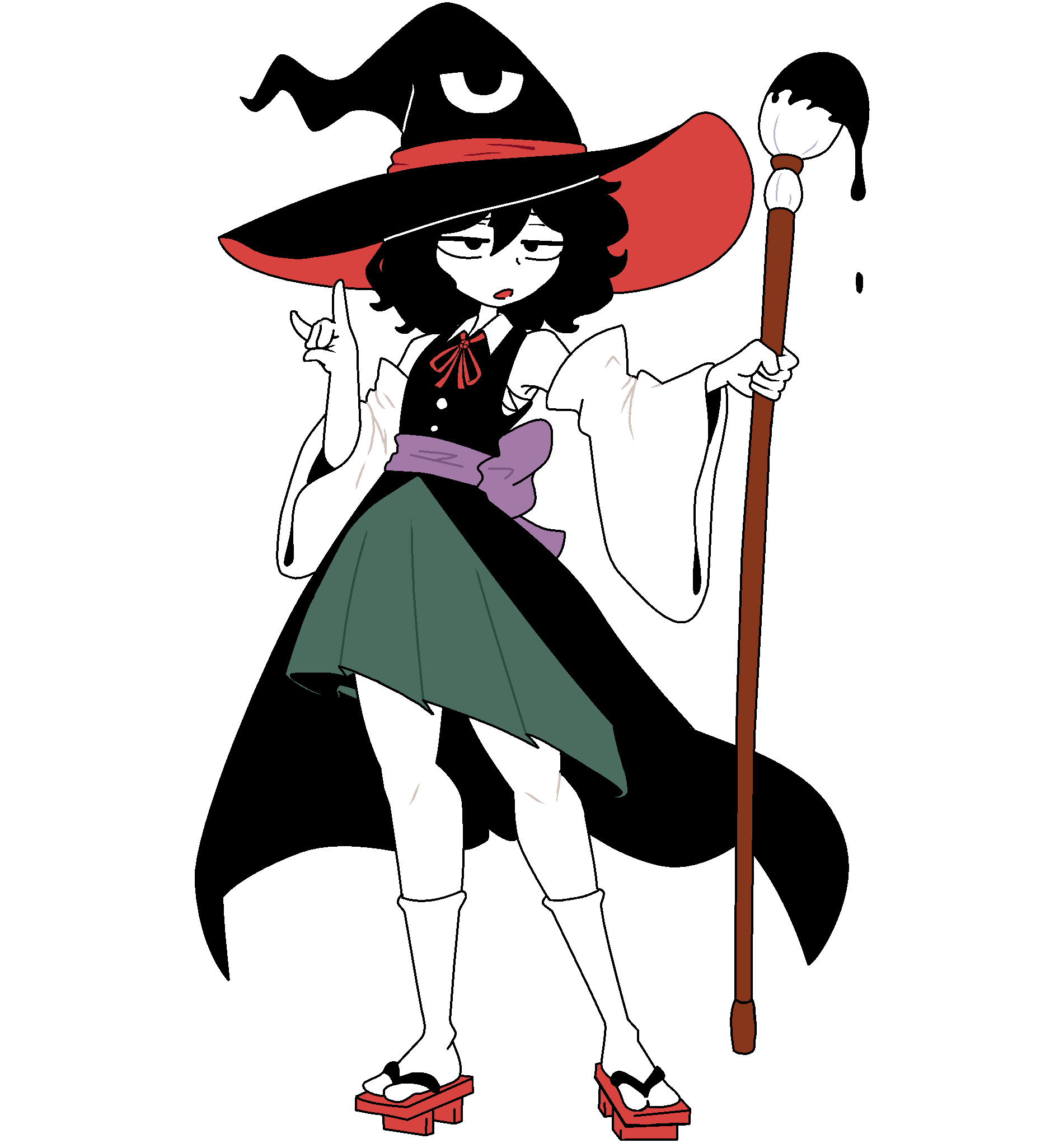 enraku tsubakura, len'en, touhou, commentary, english commentary, highres, 1other, m/, adapted costume, androgynous, back bow, bare shoulders, black coat, black eyes, black hair, black hat, bow, buttons, chest sarashi, coat, collared shirt, detached sleeves, dripping, expressionless, eye of senri, flat color, full body, geta, green hakama, hair between eyes, hakama, hakama short skirt, hakama skirt, hat, holding, holding paintbrush, ink, irisusde, japanese clothes, kneehighs, knees, long sleeves, looking ahead, messy hair, neck ribbon, open mouth, other focus, oversized object, paintbrush, parody, purple bow, red hat, red ribbon, red sandals, ribbon, sandals, sarashi, shirt, short hair, simple background, skirt, sleeveless, sleeveless coat, sleeveless shirt, socks, solo, tabi, tachi-e, two-sided fabric, two-sided headwear, white background, white shirt, white sleeves, white socks, wide sleeves, witch hat