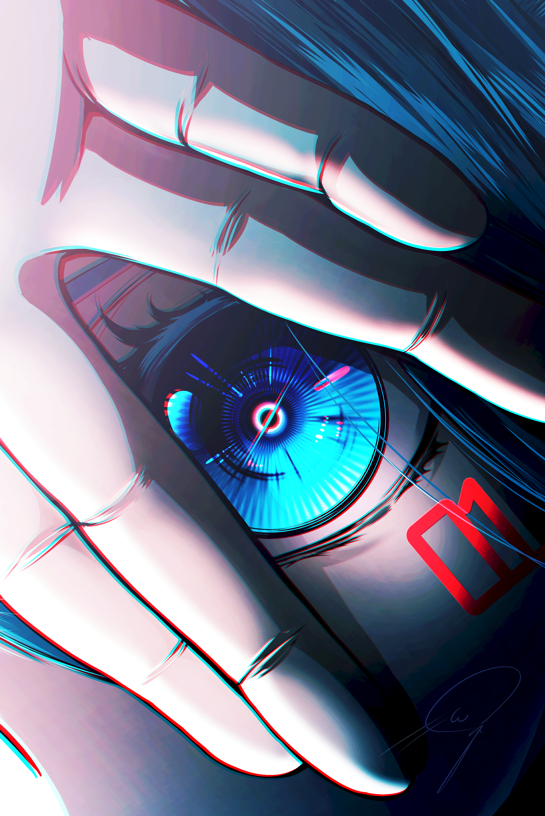 nengoro, hatsune miku, vocaloid, absurdres, commentary request, highres, 1girl, aqua eyes, aqua hair, chromatic aberration, eye focus, eyelashes, hand over eye, looking at viewer, number tattoo, signature, solo, tattoo
