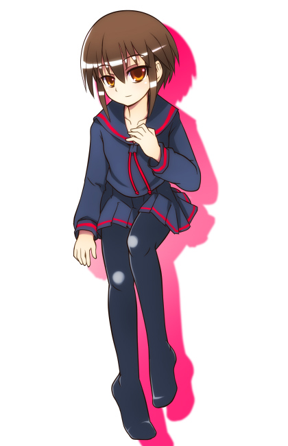 yn1982, kurame, kusari hime: euthanasia, 1girl, brown eyes, brown hair, female focus, pantyhose, school uniform, serafuku, simple background, solo