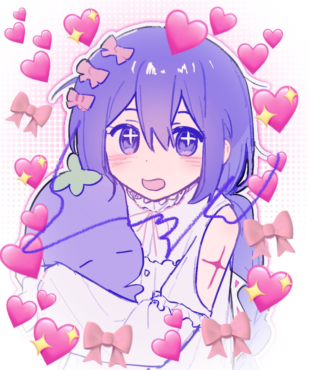 hrsw mz, aubrey (headspace) (omori), aubrey (omori), mr. plantegg (omori), omori, chinese commentary, commentary request, highres, + +, 1girl, :d, alternate costume, alternate hairstyle, bare shoulders, blush, bow, braid, bright pupils, buttons, clothing cutout, dot nose, double-parted bangs, dress, frilled dress, frilled sleeves, frills, from above, hair between eyes, hair bow, halftone, halftone background, heart, holding, holding stuffed toy, hugging object, long sleeves, low twin braids, neck ribbon, open mouth, outline, pink background, pink bow, pink ribbon, puffy long sleeves, puffy sleeves, purple eyes, purple hair, ribbon, shoulder cutout, simple background, smile, solo, sparkle, stuffed eggplant, stuffed toy, twin braids, two-tone background, upper body, white background, white dress, white outline, white pupils