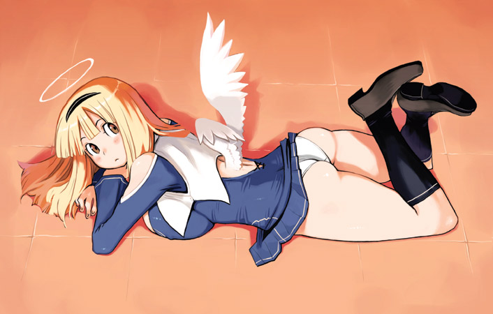 ryoji (nomura ryouji), ariel (ryoji), original, 1girl, angel, ass, black socks, blonde hair, breast press, breasts, female focus, full body, halo, huge breasts, kneehighs, large breasts, long hair, low wings, majima ryoji, panties, socks, solo, traditional halo, underwear, wings
