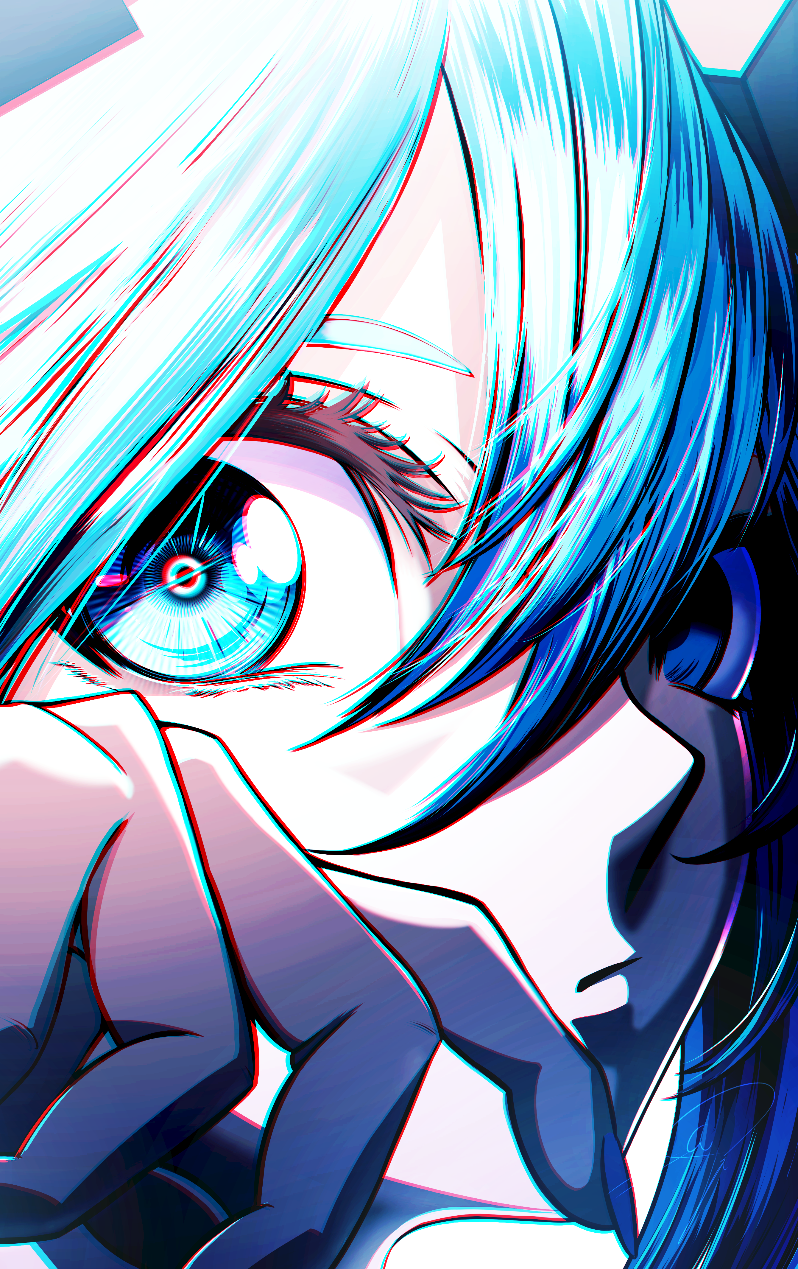 nengoro, hatsune miku, vocaloid, absurdres, commentary request, highres, 1girl, aqua eyes, aqua hair, closed mouth, expressionless, eye focus, eyelashes, hair between eyes, hand up, long bangs, looking at viewer, portrait, signature, solo