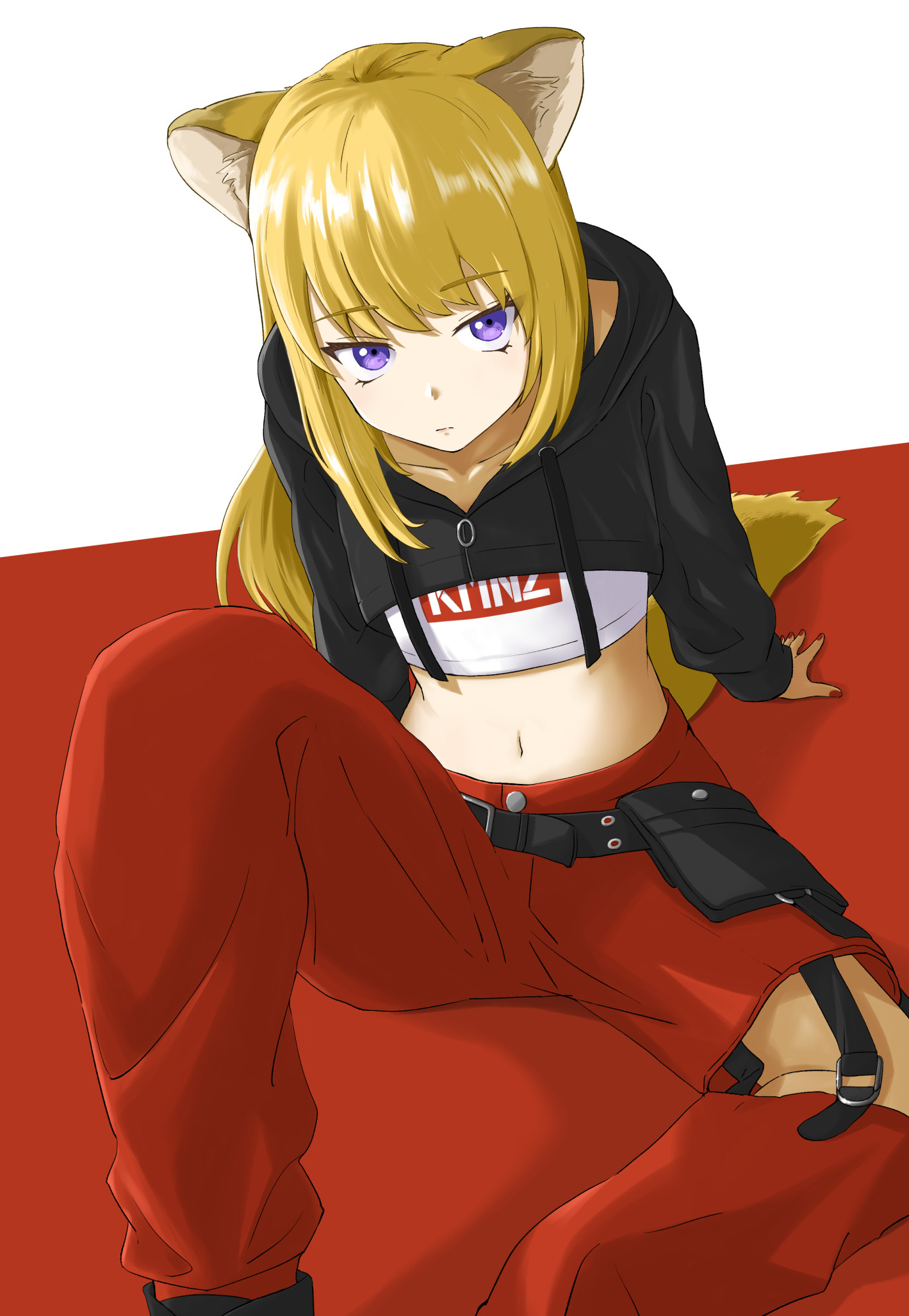 itsumeee3, lita (kmnz), kmnz, commentary request, highres, 1girl, belt, belt pouch, black belt, black hoodie, blonde hair, closed mouth, cropped hoodie, dog girl, dog tail, feet out of frame, hood, hood down, hoodie, knee up, long hair, long sleeves, looking at viewer, midriff, nail polish, navel, pants, pouch, purple eyes, red background, red nails, red pants, sitting, solo, swept bangs, tail, two-tone background, undershirt, virtual youtuber, white background