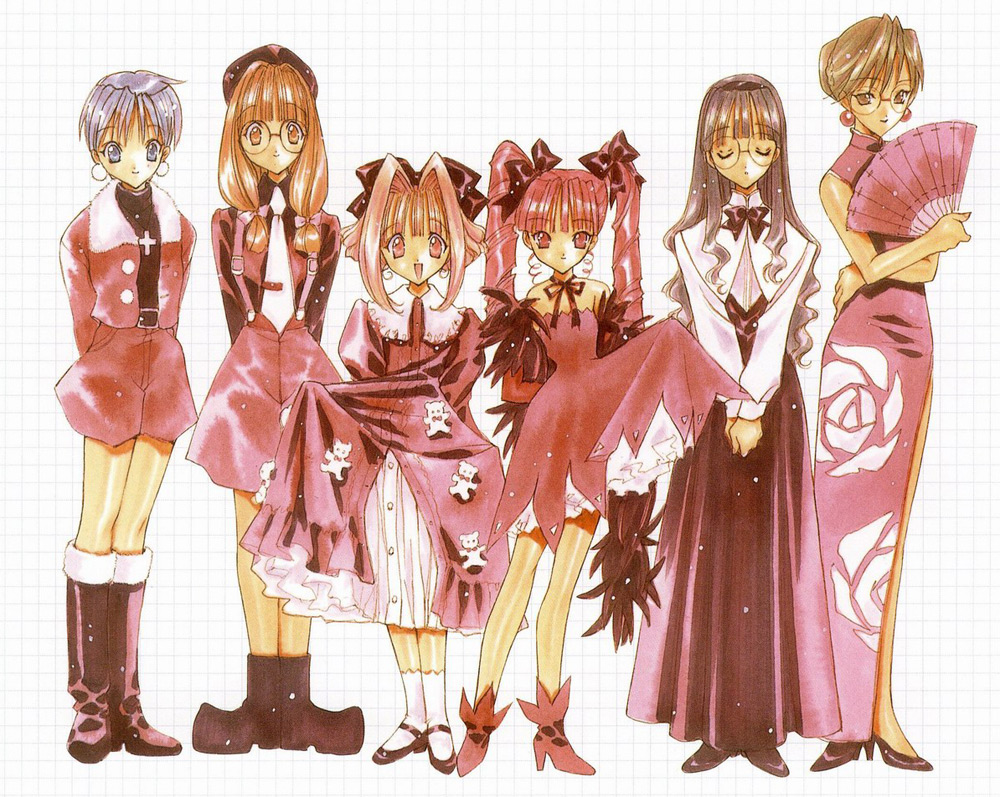 nanase aoi, hiiragi saeno, kurimoto yukina, kusunoki hatsumi, matsumoto kurumi, rindou ayaka, teramoto tanpopo, angel flavor, seraphim call, artbook, 1990s (style), 6+girls, bow, china dress, chinese clothes, dress, drill hair, earrings, folding fan, glasses, hair bow, hand fan, jewelry, lace, multiple girls, necklace, necktie, retro artstyle, round eyewear, twintails, white background