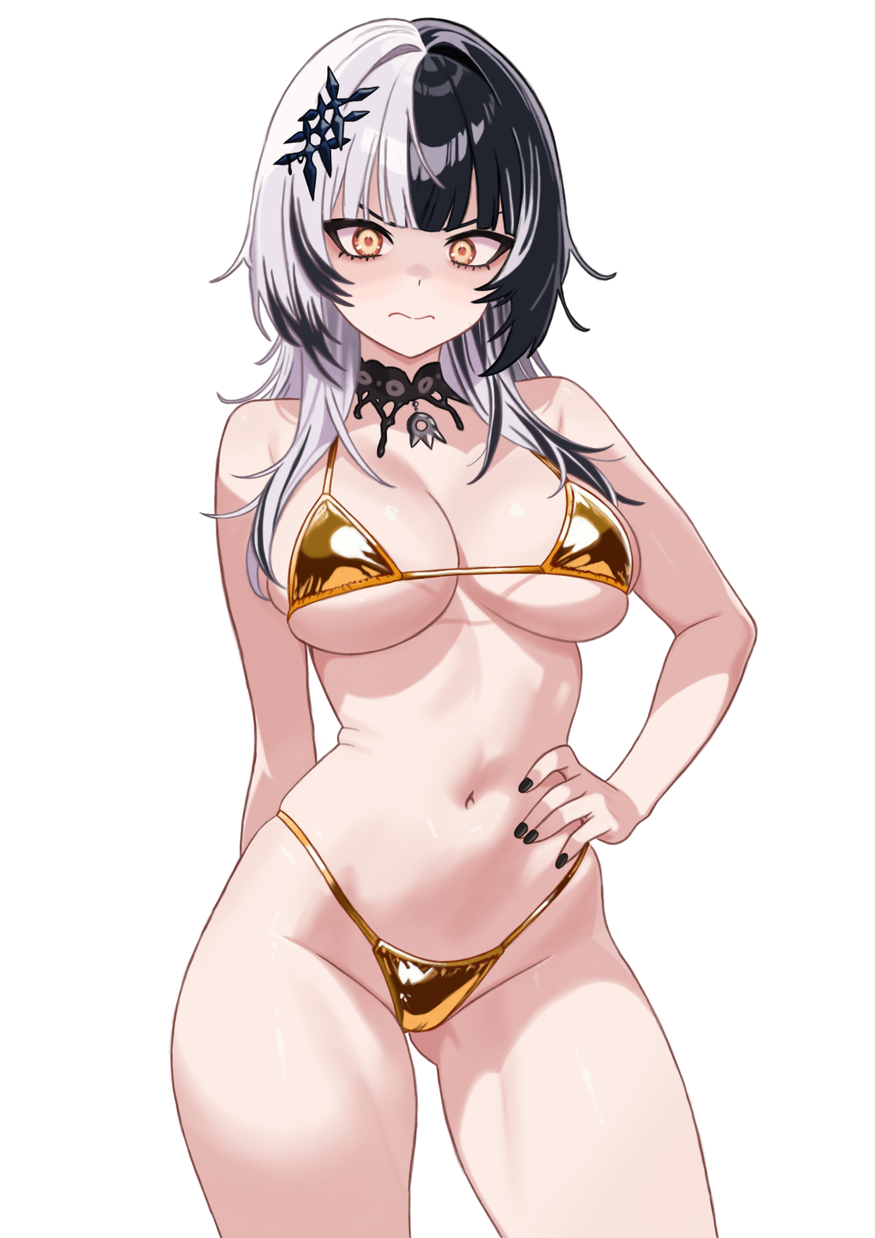 danimocles, shiori novella, hololive, hololive english, absurdres, highres, 1girl, bikini, black hair, black nails, breasts, cowboy shot, gold bikini, large breasts, looking at viewer, multicolored hair, navel, simple background, solo, split-color hair, stomach, swimsuit, two-tone hair, virtual youtuber, white background, yellow eyes