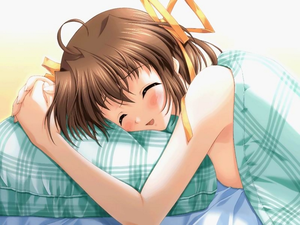 nanao naru, asakura nemu, da capo, da capo i, game cg, jpeg artifacts, 00s, 1girl, bed, blush, breasts, brown hair, closed eyes, female focus, pillow, ribbon, short hair, sideboob, solo