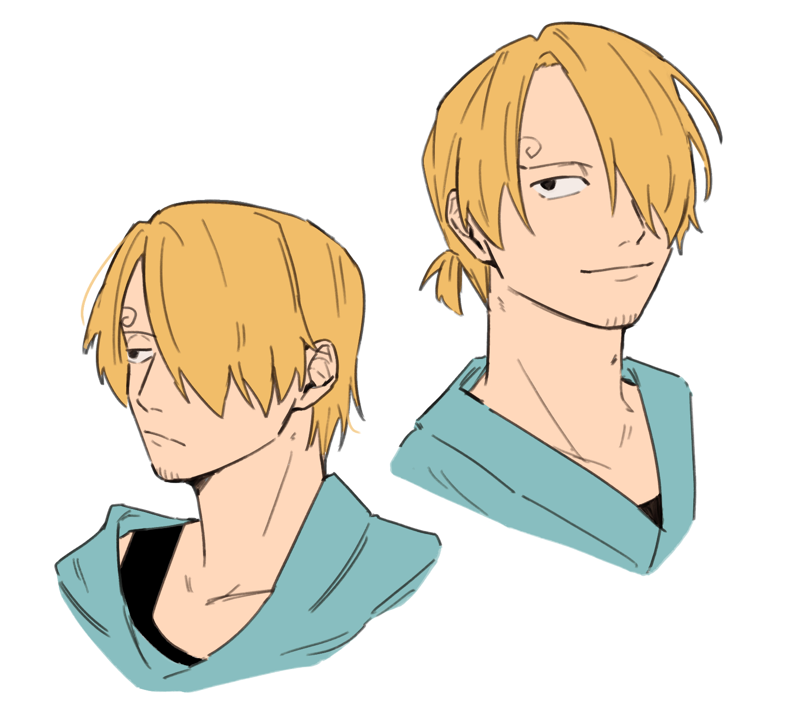 iqracha, sanji (one piece), one piece, highres, 1boy, black tank top, blonde hair, blue shirt, closed mouth, curly eyebrows, facial hair, goatee stubble, hair over one eye, male focus, multiple views, ponytail, shirt, short hair, short ponytail, simple background, smile, stubble, tank top, white background