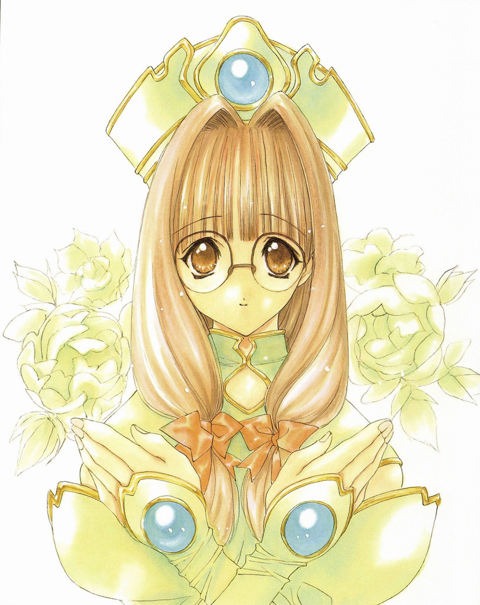 nanase aoi, matsumoto kurumi, angel flavor, seraphim call, artbook, highres, 1990s (style), 1girl, bow, female focus, flower, glasses, hair bow, hat, retro artstyle, solo, twintails, white background