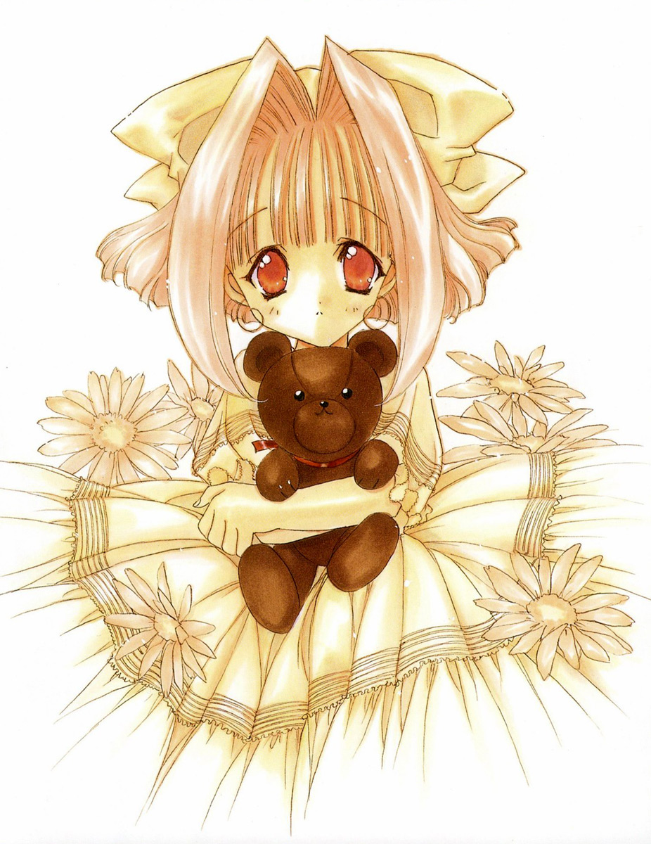 nanase aoi, teramoto tanpopo, angel flavor, seraphim call, artbook, highres, 1990s (style), 1girl, bow, female focus, flower, hair bow, retro artstyle, solo, stuffed animal, stuffed toy, teddy bear, white background